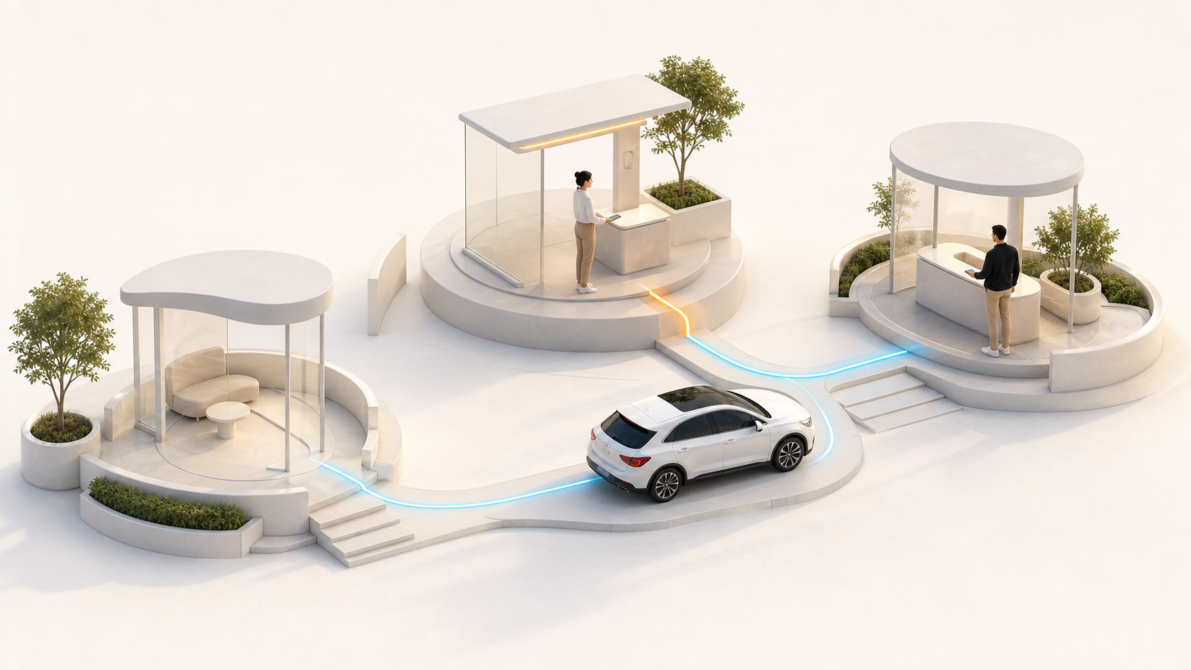 Contemporary white architecture representing the Motorista experience
