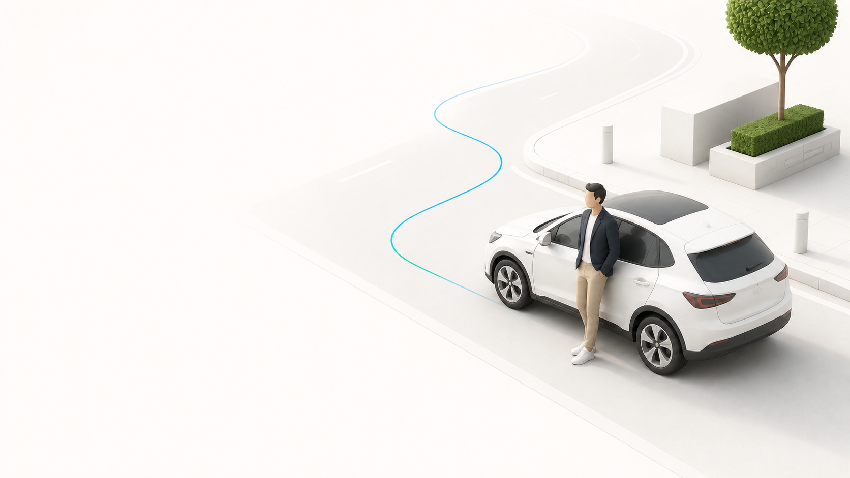 TVDE driver looking towards a new route beside a white car